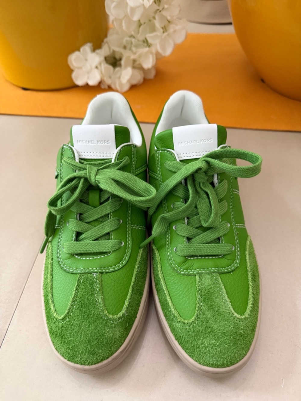 Michael Kors Bright Green Leather & Suede Lace-Up Sneakers